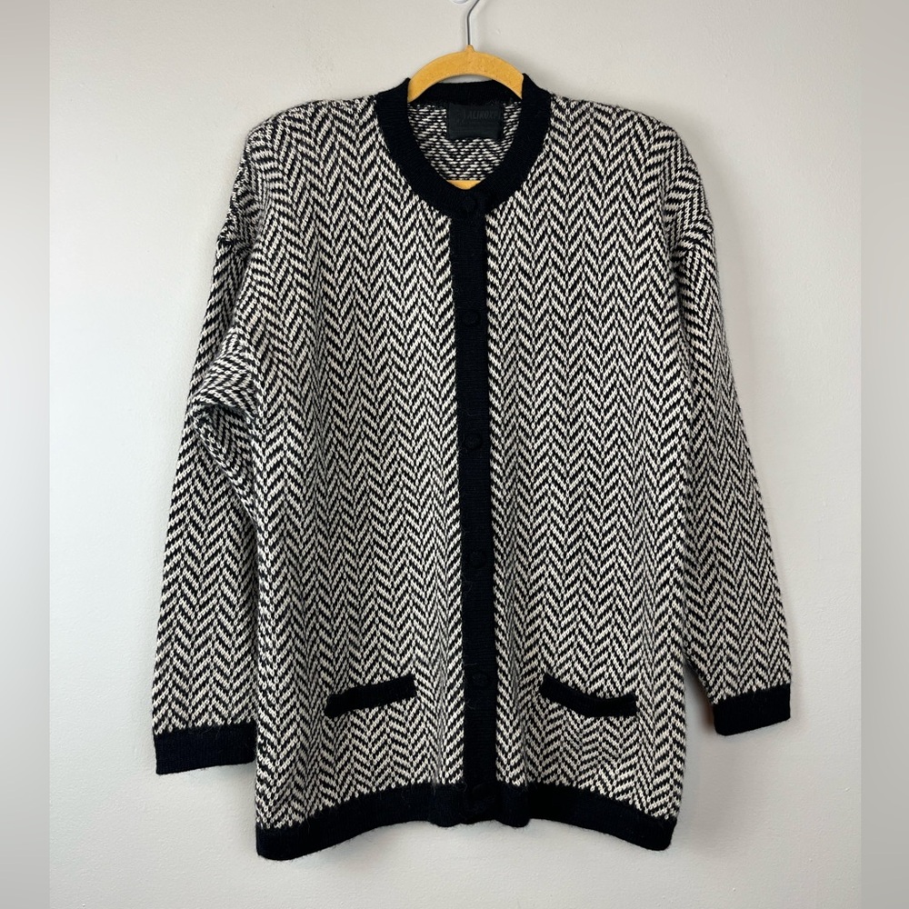 Vintage Chevron Pattern Alpaca Wool Sweater Cardigan L Peru